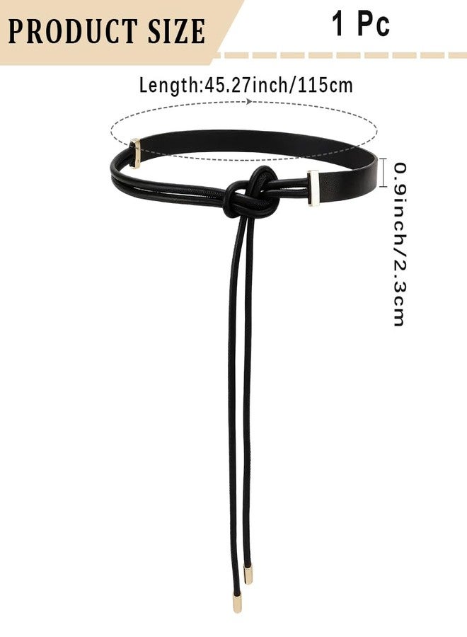 CALFOVERA PU Leather Skinnny Belt Black Knotted Thin Waist Belt Boho Elegant Adjustable Slim Leather Waist Band Strap Rope Waistbands with Gold Alloy Ends for Women Ladies Dresses Jeans Pants - Image 2
